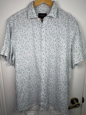 Black Brown 1826 Men's White Floral Linen Shirt Large Blue Green Botanical